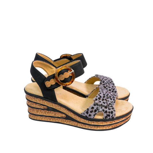 Cipriata – DANTA Ladies Fashion Touch Fastening Halter Back Wedge Sandal - Black PU/ Leopard Print - L638