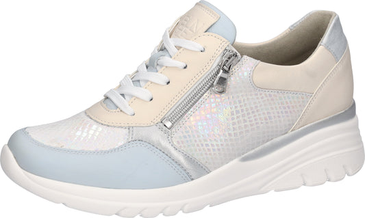 Light blue and beige sneaker with a zipper on a white background